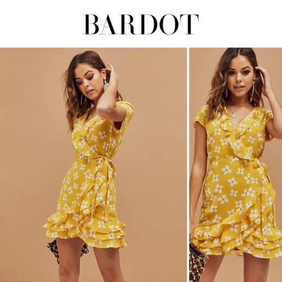 Bardot Yellow Abstract Daisy Yellow Wrap Short Sleeve Mini Dress Sz 8 - Picture 1 of 9
